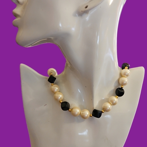 Vintage Elegant Ivory Black and Gold Acrylic and Glass Beaded Necklace - Picture 1 of 9